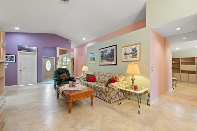 tiled living room with vaulted ceiling