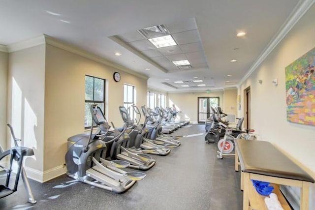 exercise room with crown molding