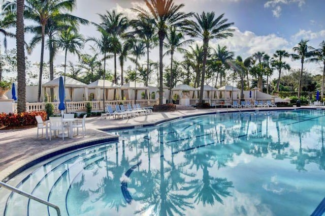 view of swimming pool featuring a patio area