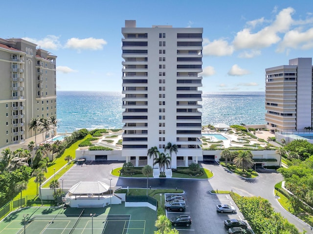 view of building exterior with a water view