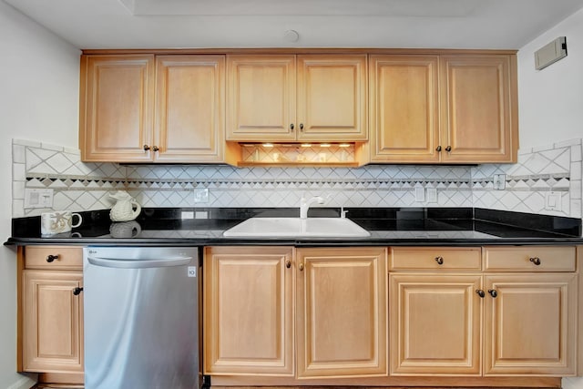 kitchen featuring dishwasher, dark stone countertops, sink, and backsplash