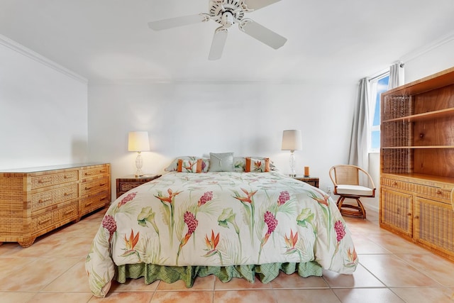 tiled bedroom featuring crown molding and ceiling fan