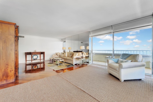 living room with a water view and hardwood / wood-style flooring