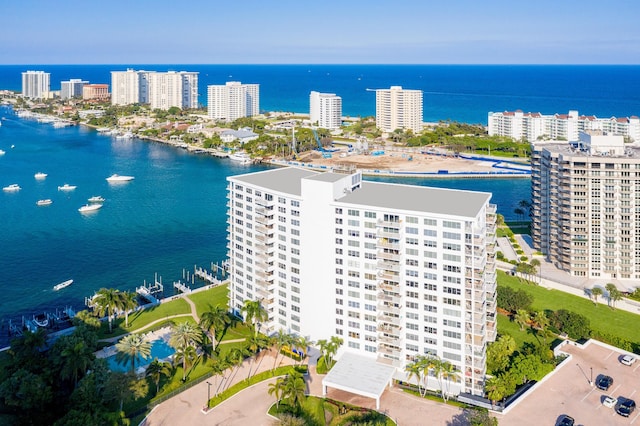 drone / aerial view with a water view