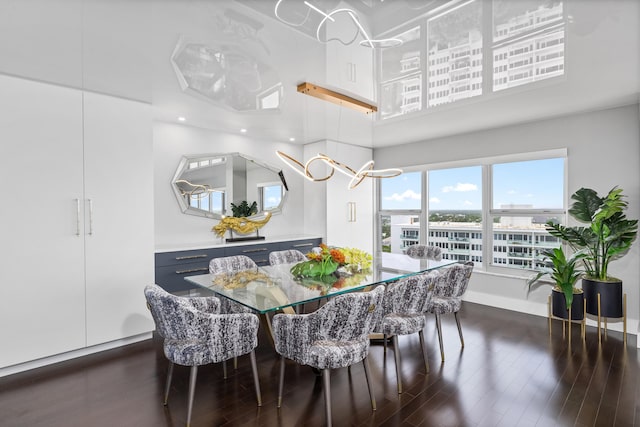 dining room with a towering ceiling and dark hardwood / wood-style flooring