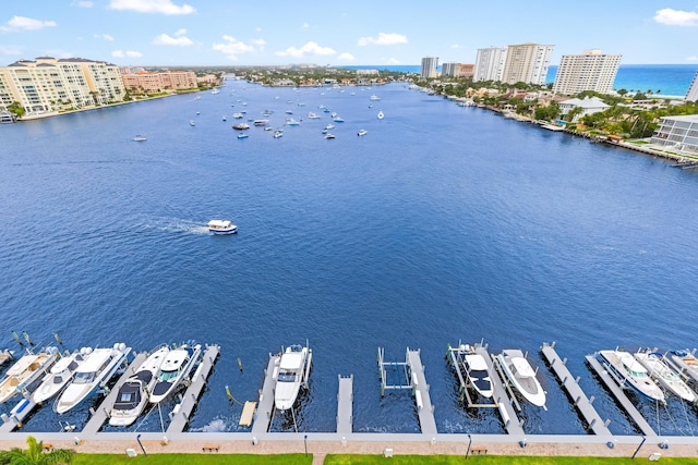 drone / aerial view with a water view