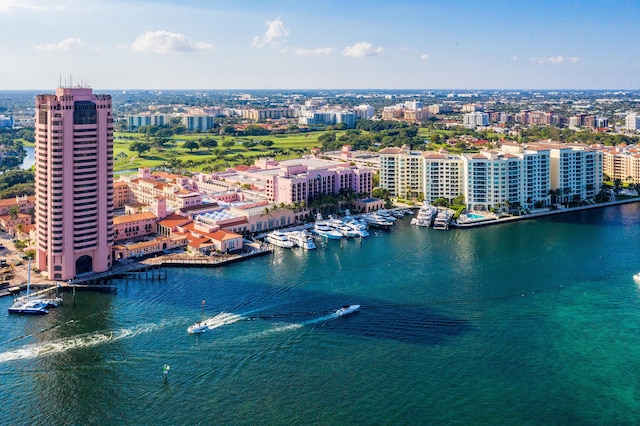 drone / aerial view featuring a water view