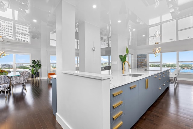 kitchen with a towering ceiling, dark wood-type flooring, and plenty of natural light