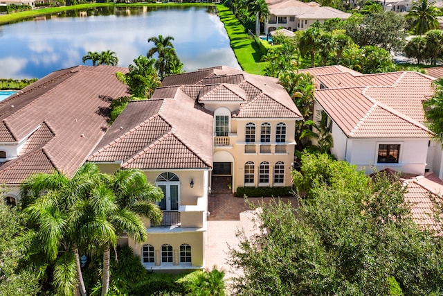 aerial view featuring a water view