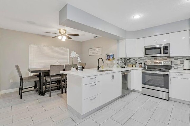 kitchen featuring white cabinets, sink, kitchen peninsula, backsplash, and appliances with stainless steel finishes