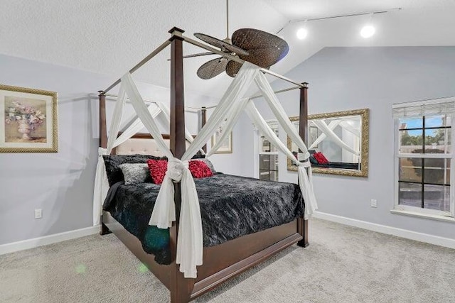 bedroom with carpet flooring, a textured ceiling, vaulted ceiling, and rail lighting