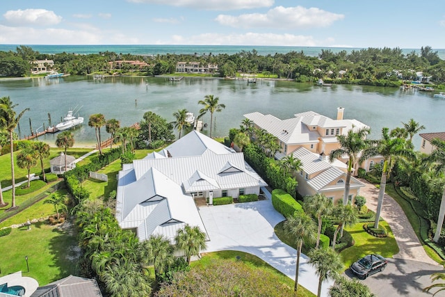 bird's eye view with a water view