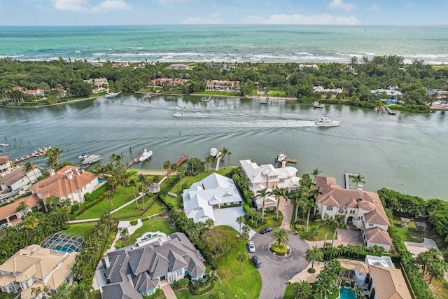 aerial view featuring a water view