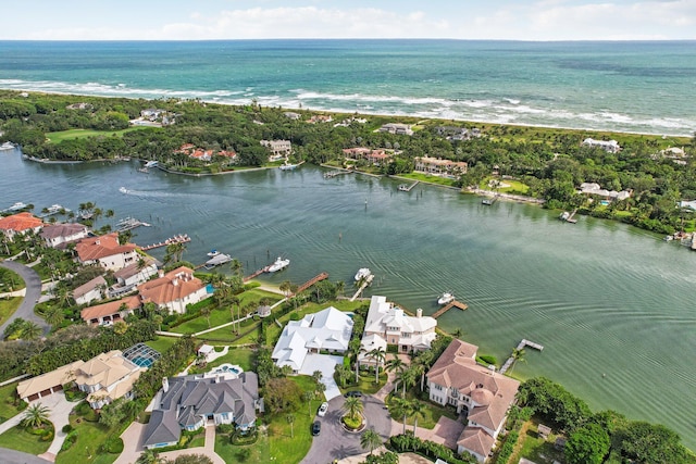 bird's eye view with a water view