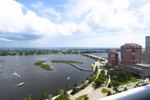 drone / aerial view featuring a water view