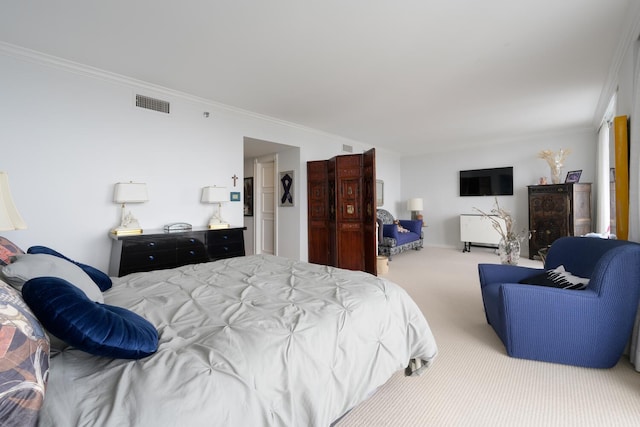 bedroom featuring light carpet and crown molding