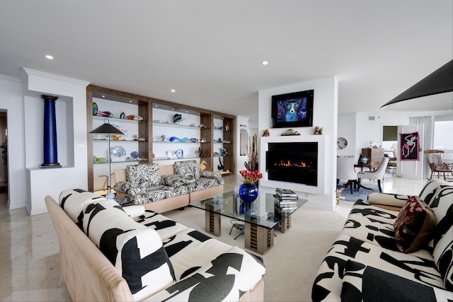 living room with crown molding