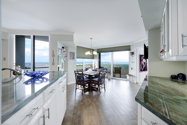 kitchen featuring crown molding, dark hardwood / wood-style floors, and white cabinets