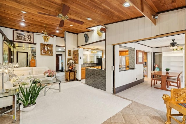 tiled living room featuring built in shelves, wood ceiling, and wood walls