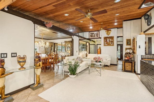 tiled living room featuring ceiling fan with notable chandelier and wooden ceiling