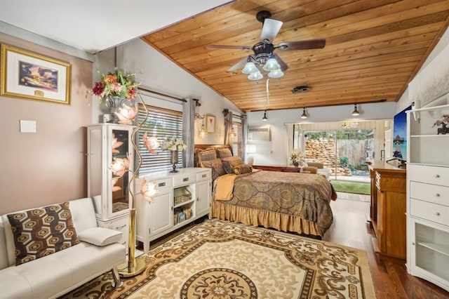 bedroom featuring multiple windows, vaulted ceiling, and wooden ceiling