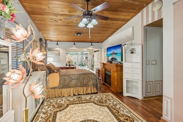 bedroom with lofted ceiling, dark hardwood / wood-style flooring, an AC wall unit, and wooden ceiling