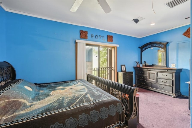 bedroom featuring ceiling fan, crown molding, and carpet