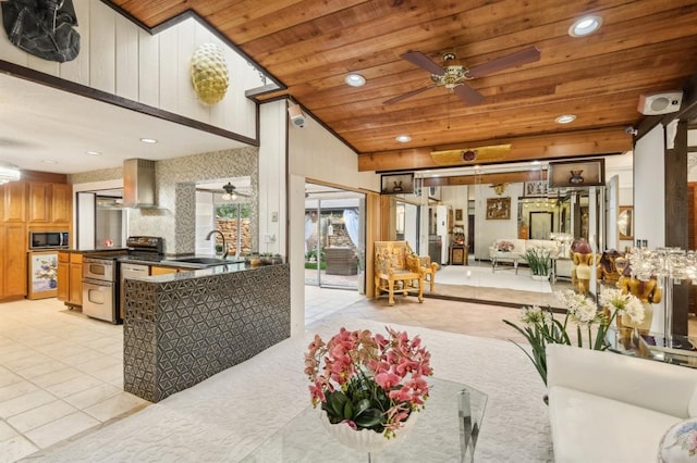 interior space featuring wood ceiling, sink, kitchen peninsula, wall chimney exhaust hood, and stainless steel appliances