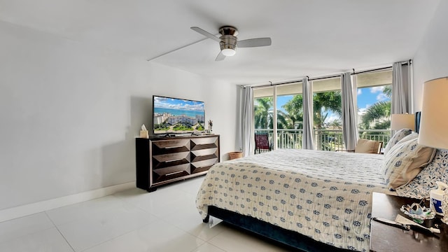 tiled bedroom featuring access to outside and ceiling fan