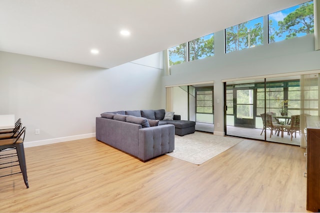 living room with light hardwood / wood-style floors and a high ceiling