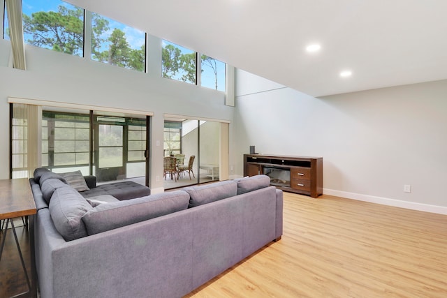 living room with a towering ceiling and light hardwood / wood-style floors