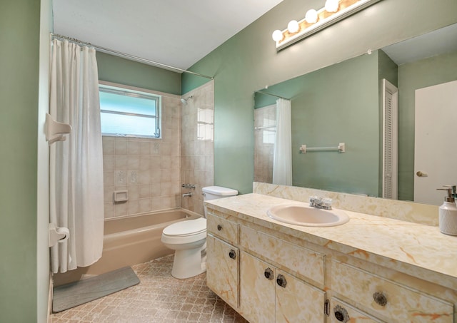 full bathroom with vanity, toilet, and shower / bathtub combination with curtain