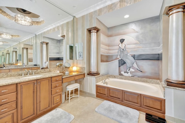 bathroom featuring vanity, a bath, crown molding, tile patterned flooring, and an inviting chandelier