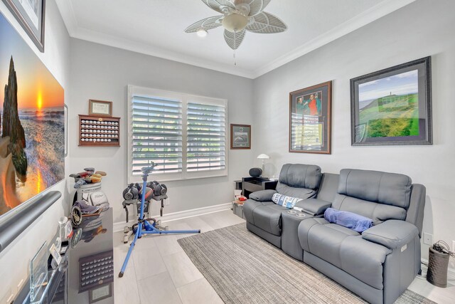 interior space with ceiling fan, crown molding, and light hardwood / wood-style floors