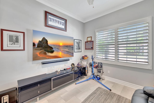 workout room featuring light tile patterned floors and ornamental molding