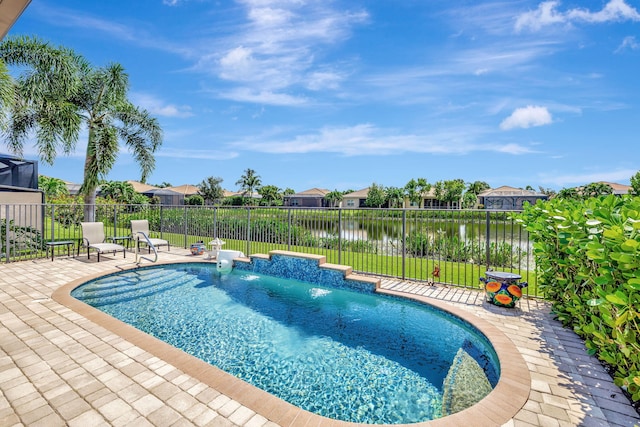 view of swimming pool with a water view, a patio, and pool water feature