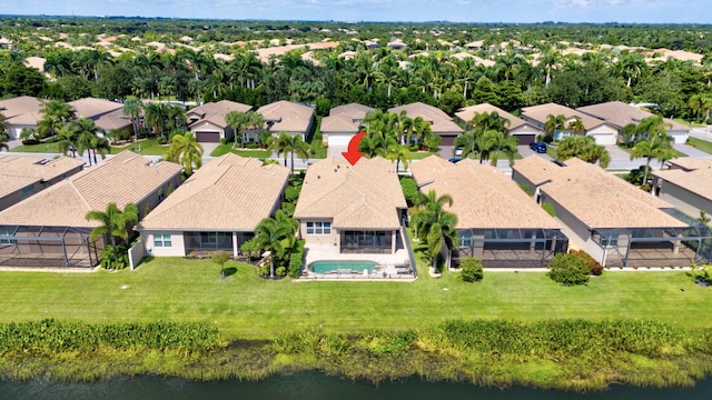 drone / aerial view featuring a water view