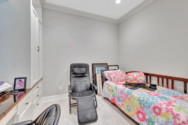 bedroom featuring light tile patterned floors and ornamental molding