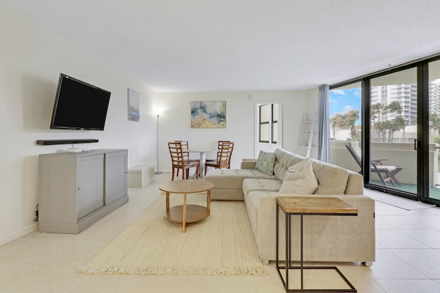 tiled living room with expansive windows