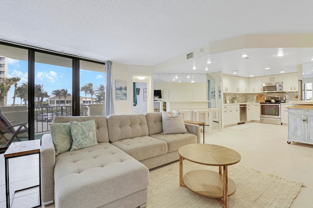 living room with a textured ceiling