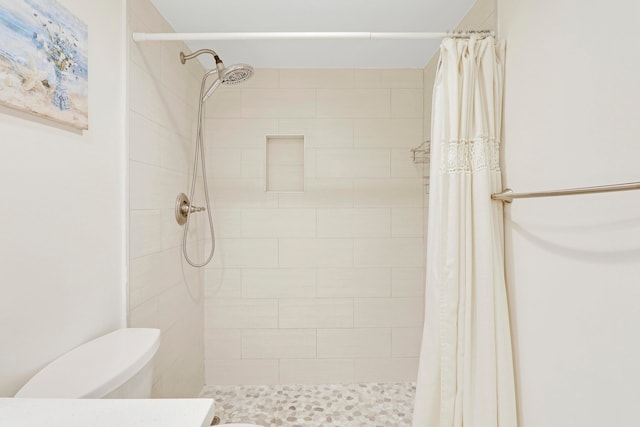 bathroom with toilet and curtained shower