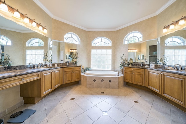 bathroom featuring vanity, crown molding, and tiled bath