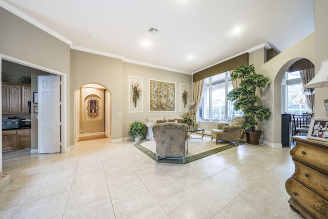 tiled living room with crown molding