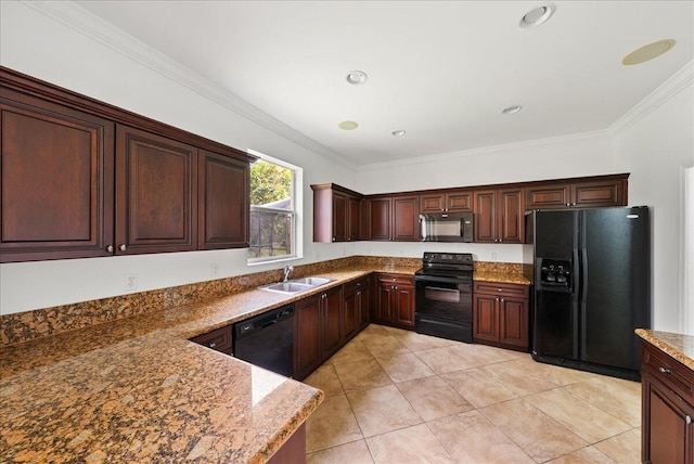 kitchen featuring black appliances, sink, ornamental molding, stone countertops, and dark brown cabinetry