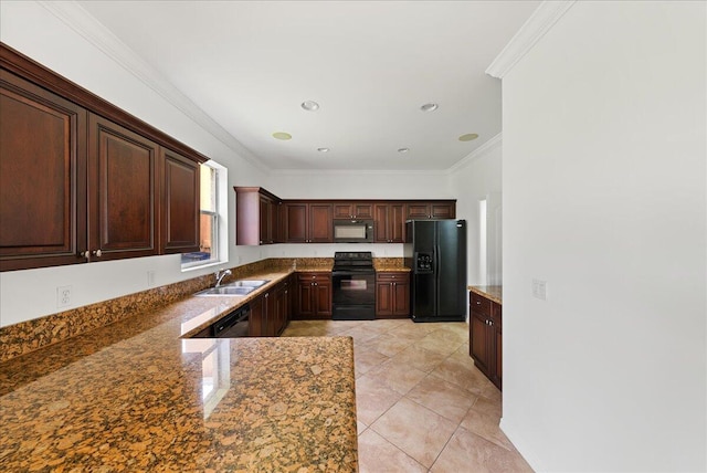 kitchen with ornamental molding, sink, black appliances, stone countertops, and light tile patterned flooring