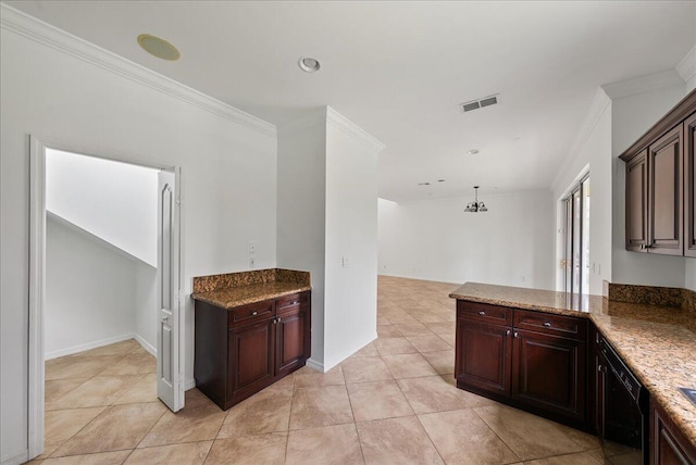 kitchen with light tile patterned flooring, ornamental molding, and black dishwasher