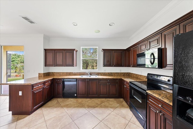 kitchen with black appliances, a healthy amount of sunlight, kitchen peninsula, and sink