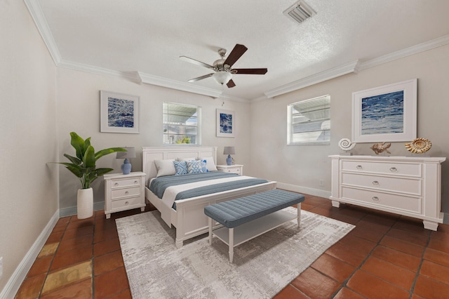 tiled bedroom featuring multiple windows, crown molding, and ceiling fan