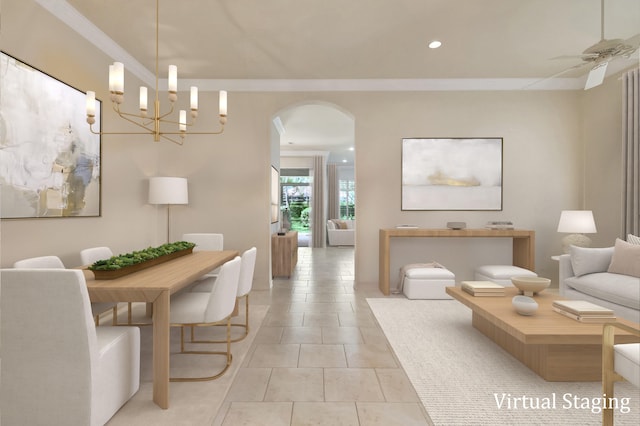 living room featuring ceiling fan with notable chandelier and crown molding