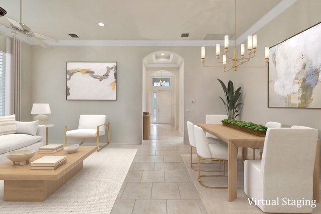 interior space featuring light tile patterned floors, ceiling fan with notable chandelier, and ornamental molding